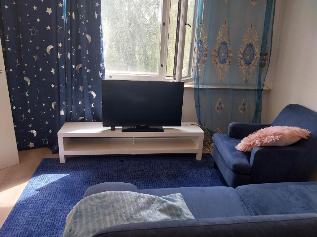a living room with a couch and a tv on a table at Cozy Aparti in Vantaa
