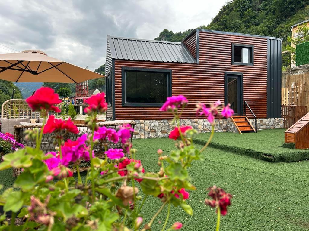 mały domek z różowymi kwiatami na dziedzińcu w obiekcie Butka tiny house w mieście Ardeşen