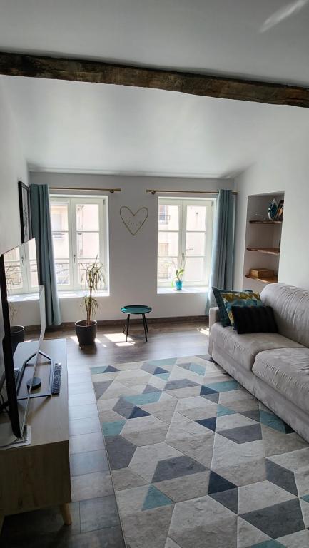 uma sala de estar com um sofá e duas janelas em Charmant appartement au cœur de ville de Toul em Toul