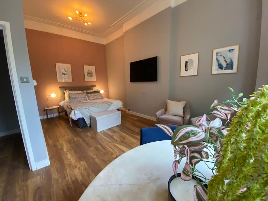 ein Schlafzimmer mit einem Bett, einem Sofa und einem TV in der Unterkunft Stylish Studio for 2 near Regents Park n4 in London