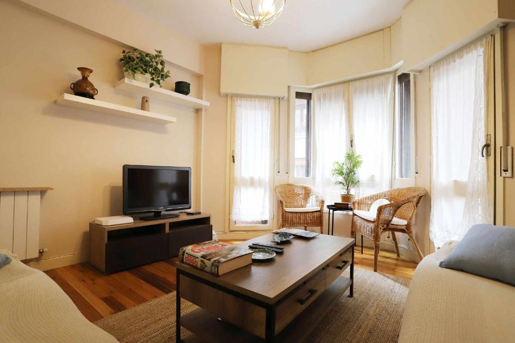 ein Wohnzimmer mit einem Sofa und einem TV in der Unterkunft Apartamento Casa Lola in Getxo