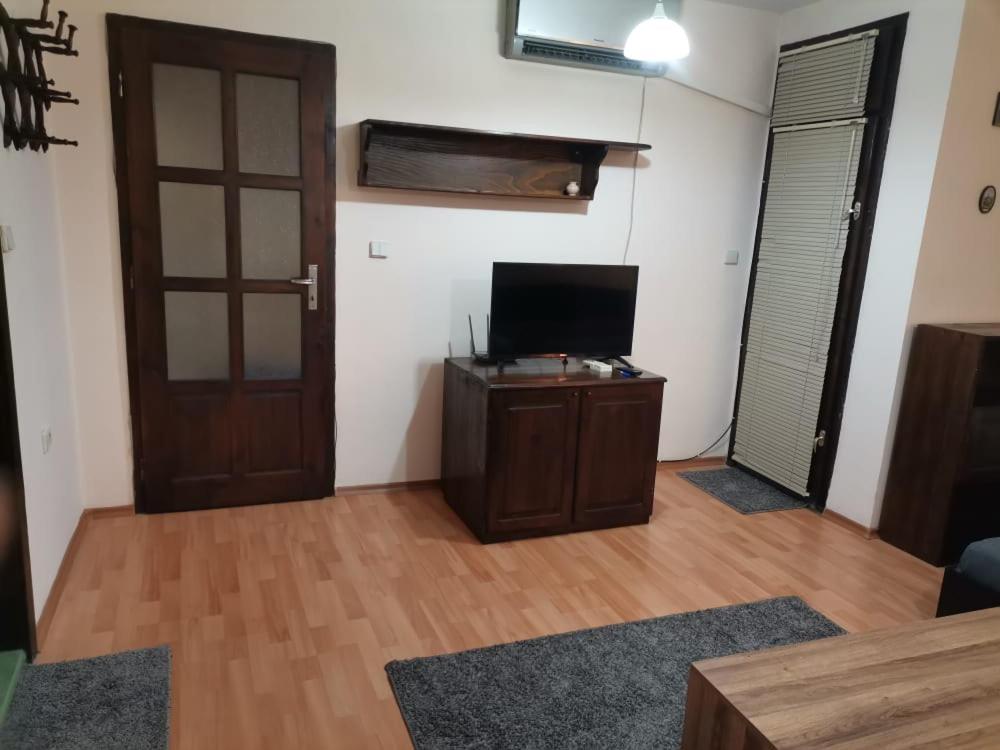 een woonkamer met een deur en een televisie bij Quiet central studio in Pazardzhik