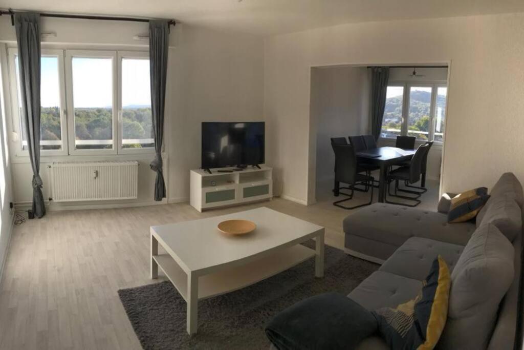 una sala de estar con un sofá y una mesa en F2 65m2 parking privé avec une belle vue, en Metz