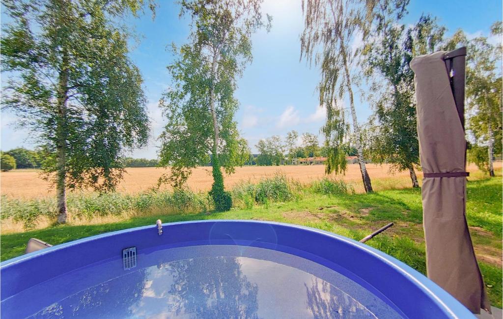 uma piscina com vista para um campo e árvores em Stunning Home In Lembruch-dmmer See With Sauna em Lembruch