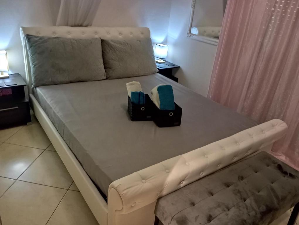 een bed met twee boeken erop in een kamer bij The Genius apartment 3 rooms, Α floor 3 υπνοδωμάτια, A όροφος in Athene