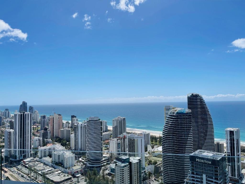 a view of a city with skyscrapers and the ocean at Oceanview Paradise 2Beds Apt at Casino FreeParking in Gold Coast
