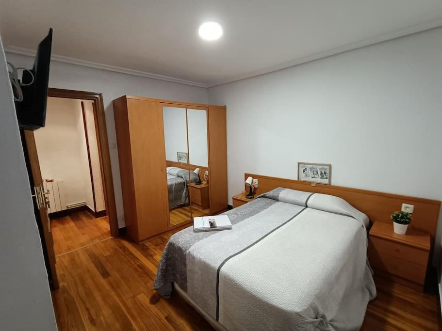 a bedroom with a large bed and a mirror at Apartamento familiar gran Bilbao in Basauri
