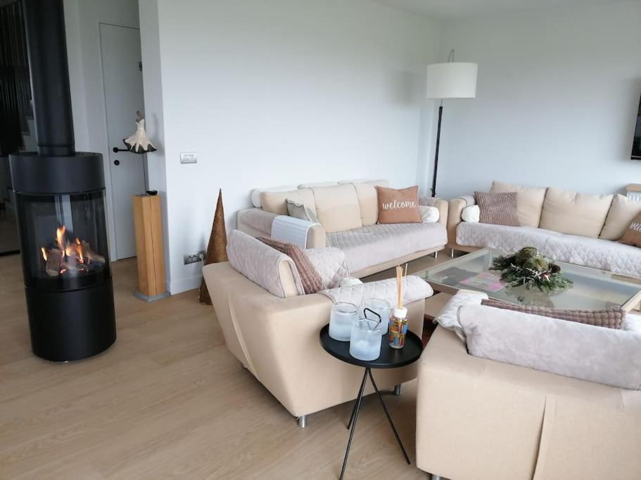 ein Wohnzimmer mit einem Sofa und einem Kamin in der Unterkunft Akkerland - Luxe vakantiehuisje met Infra-Rood sauna - 2 à 6 pers in Zonnebeke