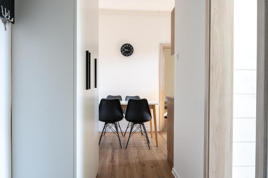 Apartment Ivana Krško في كرشكو: غرفة طعام مع كراسي سوداء وطاولة