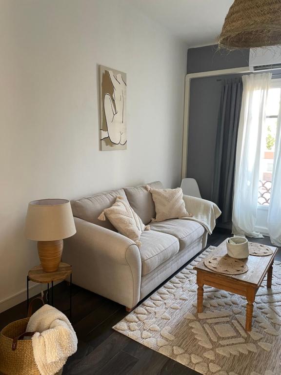 a living room with a couch and a table at Spacieux T3 haussmannien in Toulon
