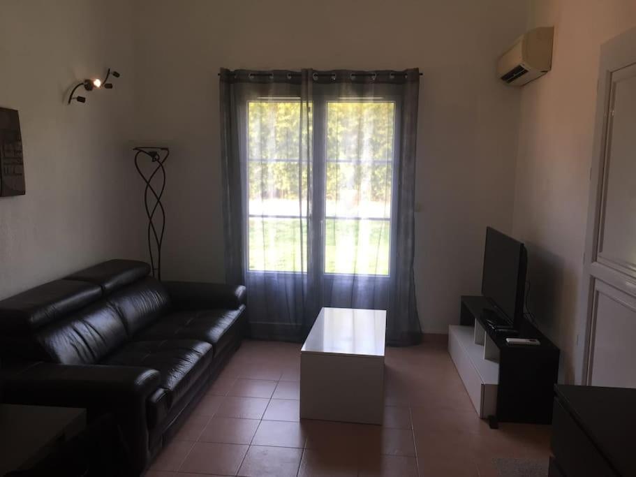 sala de estar con sofá de cuero negro y TV en Agréable maisonnette de 45m2, en Gallargues-le-Montueux