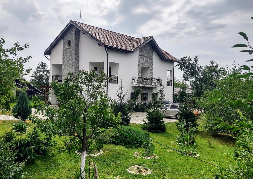 a white house with a garden in front of it at Pensiunea Codruta in Cărpinişu