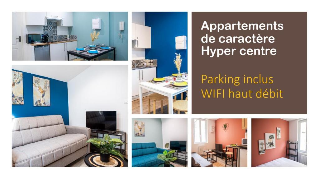een collage van foto's van een woonkamer en keuken bij Appartements de caractère centre - WIFI - PARKING in Niort