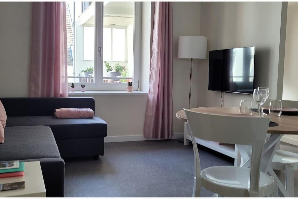 un soggiorno con divano e tavolo di Appartement Terrasse 17 m² Centre historique a Lons-le-Saunier