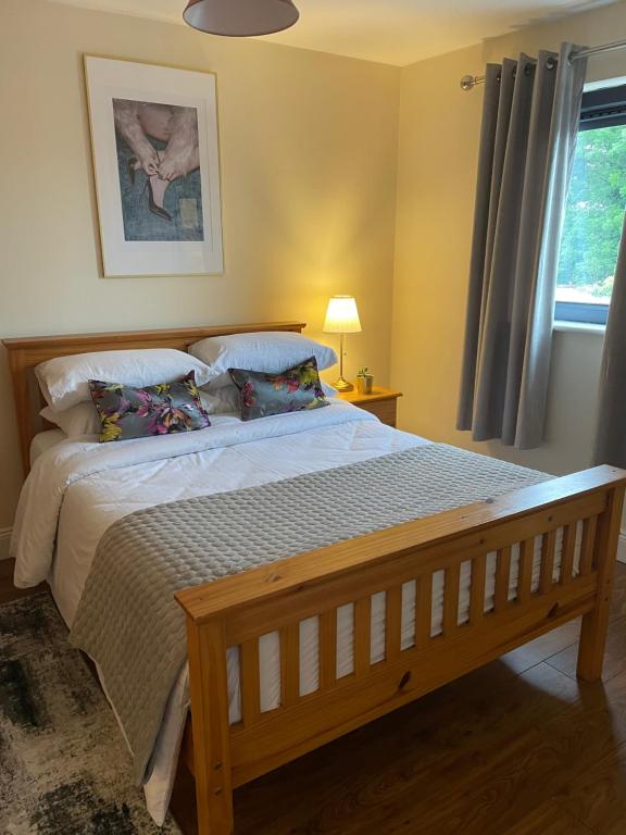 1 dormitorio con 1 cama grande y ventana en 360 Wolfe Stay, en Dungarvan