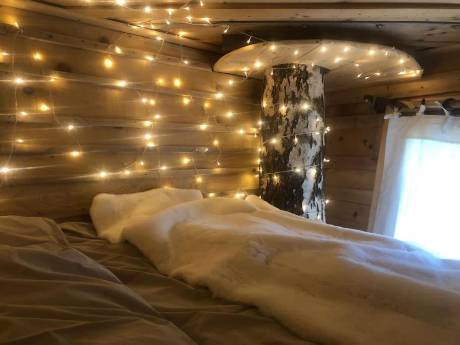 ein Schlafzimmer mit einem Bett mit Beleuchtung in der Unterkunft Nuit insolite - La cabane du Haut-Doubs in Les Gras