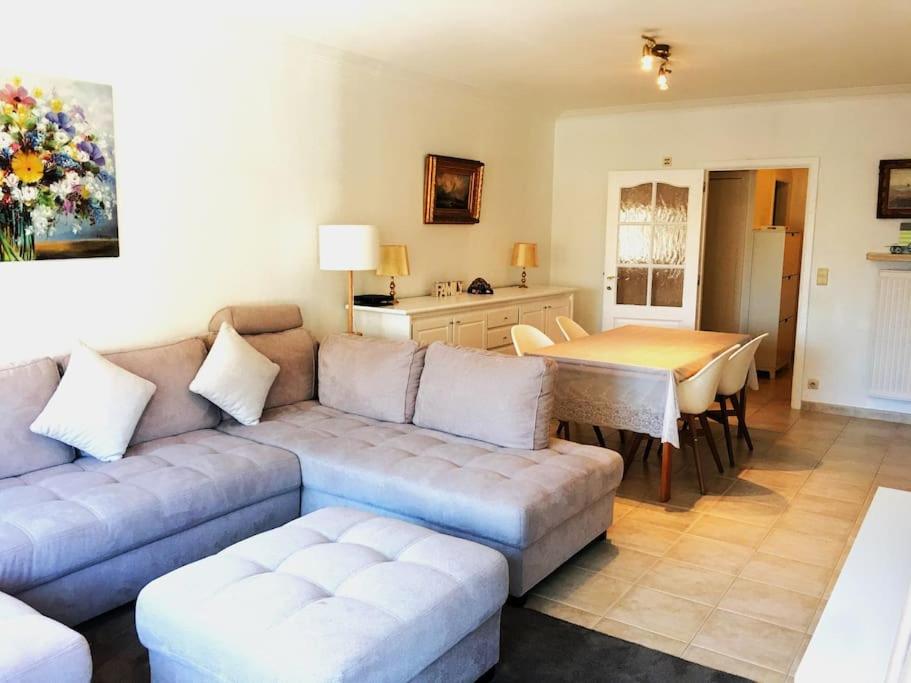 un salon avec un canapé et une table dans l'établissement Vakantieappartement "The Seagull" vlakbij het strand, à Nieuport