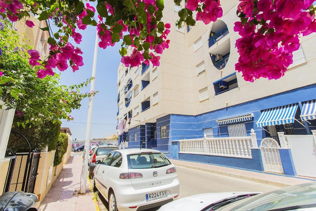 una calle con coches aparcados frente a un edificio con flores rosas en 086 Retro Mayor Holiday - Alicante Holiday, en La Mata