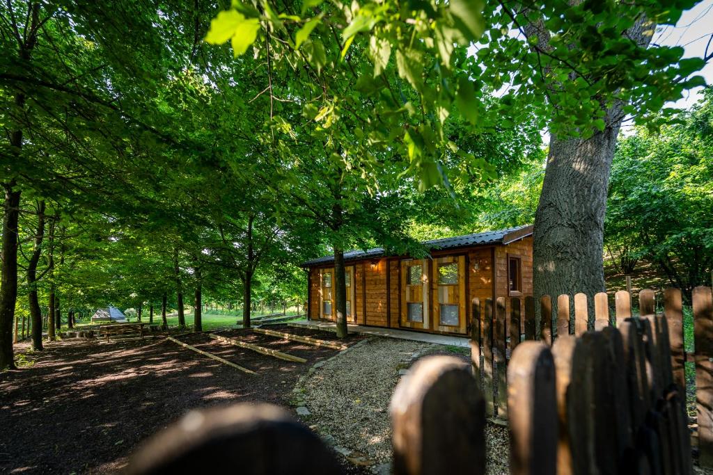 a wooden cabin in a forest with a fence at Tiny House - Gilda e i suoi amici in Neive