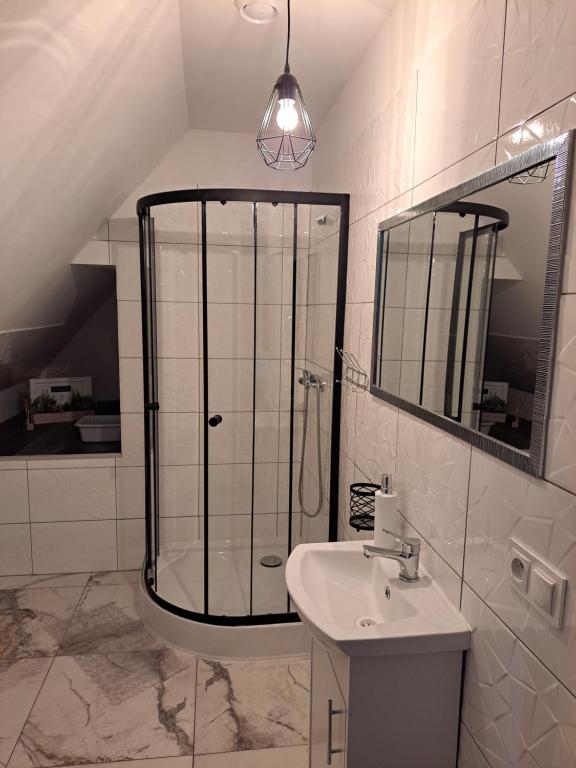 a bathroom with a shower and a sink and a mirror at Pokoje "U Ani" in Leśnica