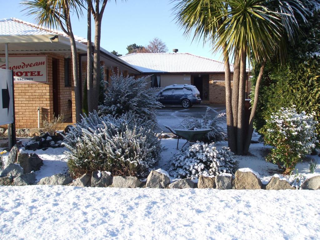 a snow covered yard with palm trees and a building at Snowdream Motel in Berridale
