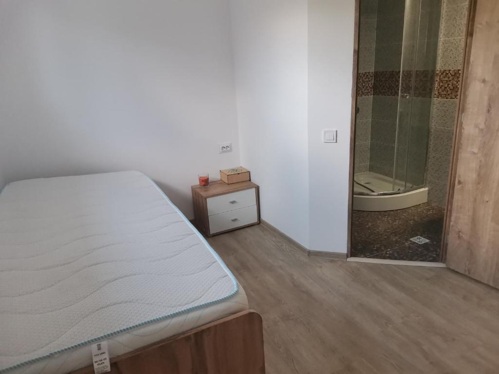 ein Schlafzimmer mit einem Bett und ein Badezimmer mit einem Spiegel in der Unterkunft Casa Mariș in Cluj-Napoca