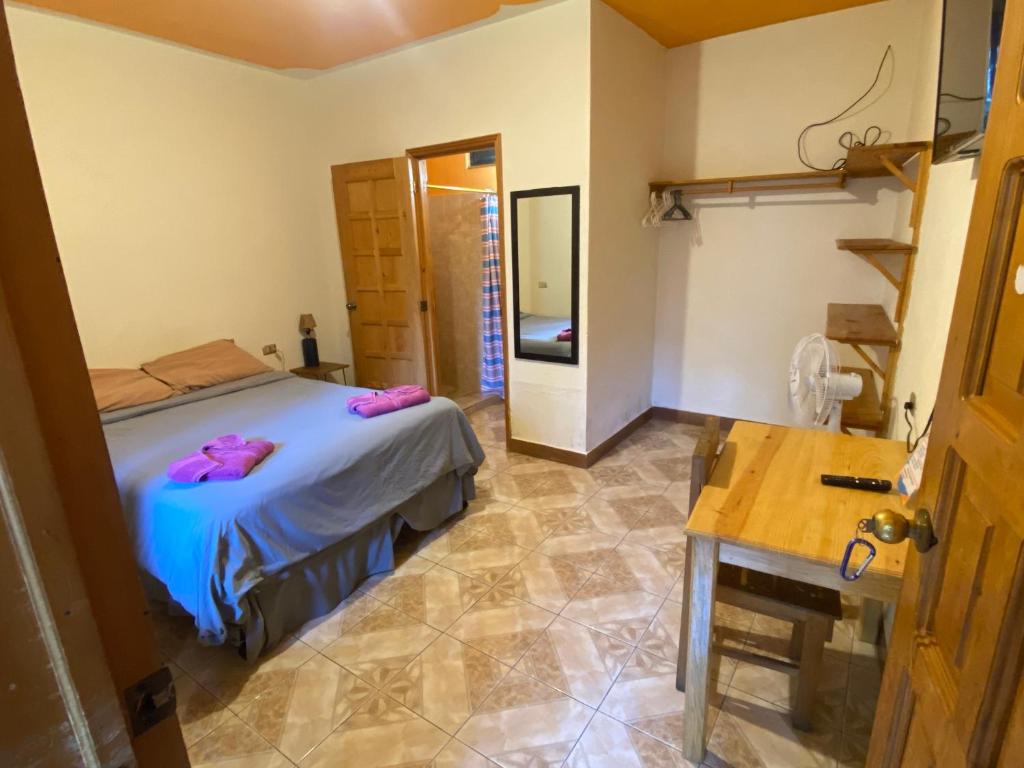 a bedroom with a bed and a table in a room at The guesthouse in Panajachel