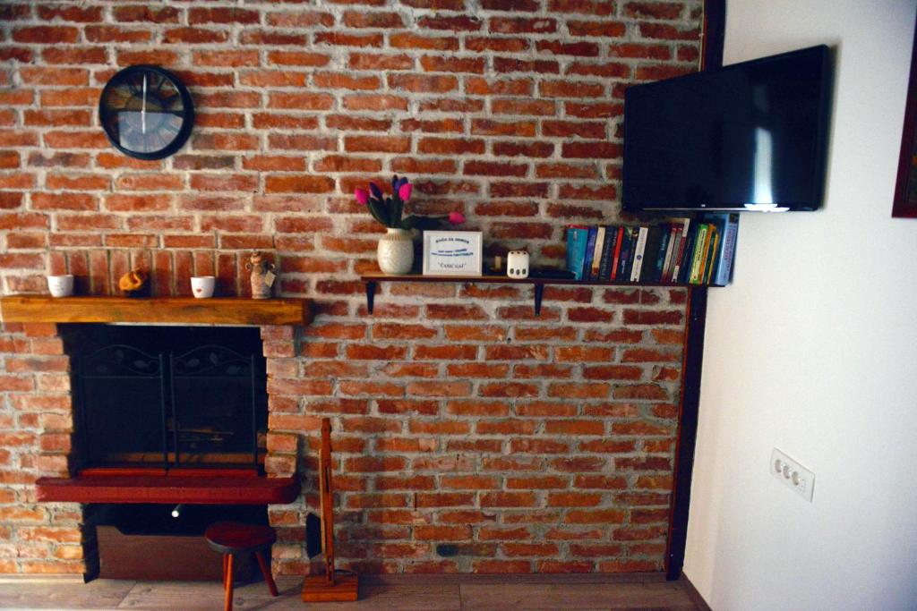 a brick wall with a fireplace and a television at Kuća za odmor Čanić gaj in Gospić