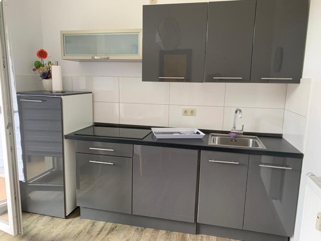 eine Küche mit grauen Schränken und einer Spüle in der Unterkunft Alles was man braucht, 1-Zimmer Wohnung in Dortmund