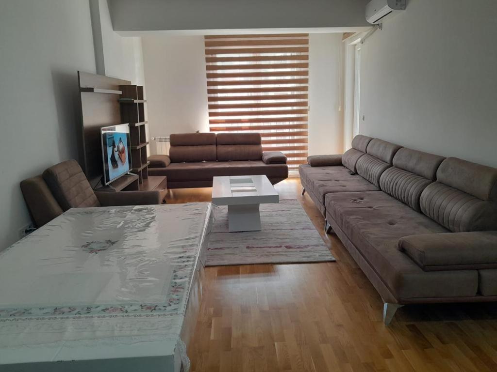 - un salon avec un canapé et une table basse dans l'établissement Luxsary Home in Skopje, à Skopje