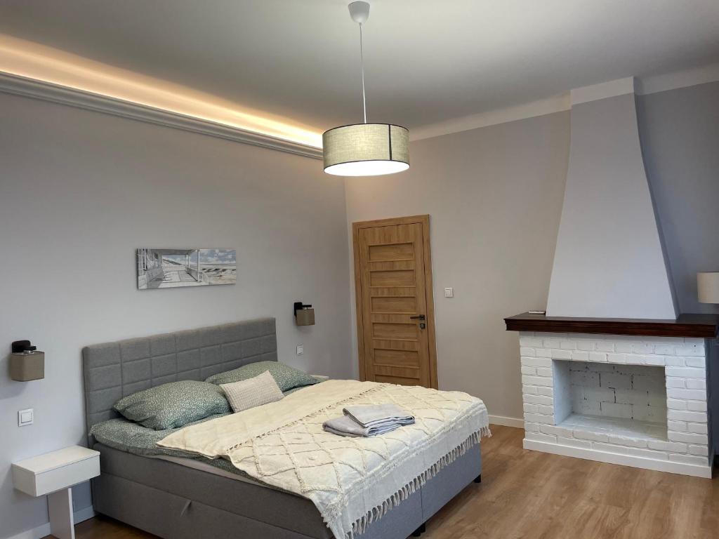 een slaapkamer met een bed en een open haard bij Brama Krakowska - Old Town - Premium Apartment in Lublin