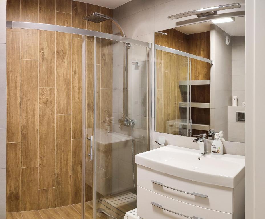 W łazience znajduje się szklana kabina prysznicowa i umywalka. w obiekcie Apartment Szwed-Sniadowskiej Residence w Krakowie