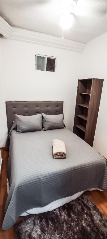 1 dormitorio con 1 cama grande y edredón gris en C.-Habitación con baño privado / Centro de Coyoacan en Ciudad de México