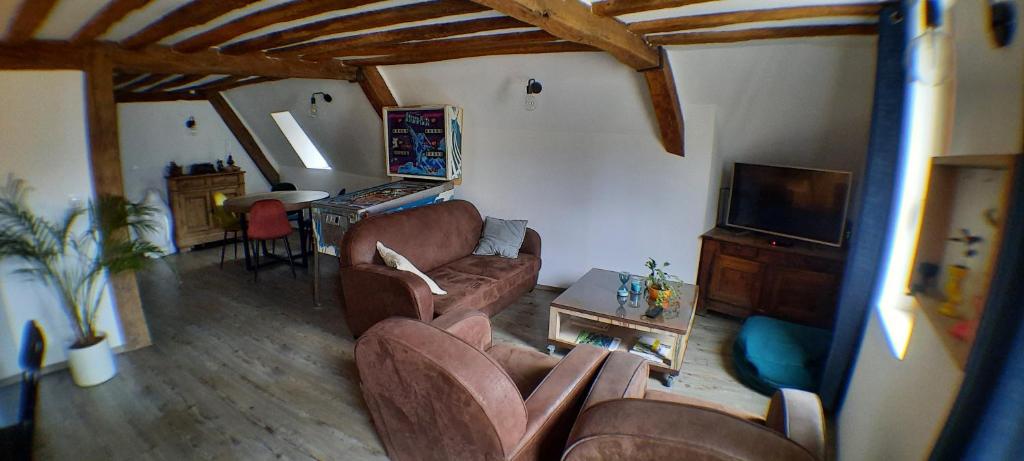 un salon avec deux canapés et une télévision dans l'établissement appartement atypique, à Dijon