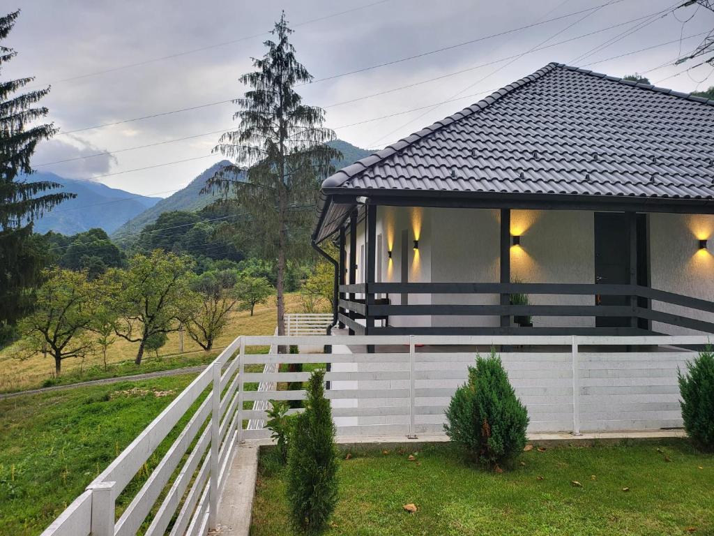 uma casa a preto e branco com montanhas ao fundo em White Story em Brezoi