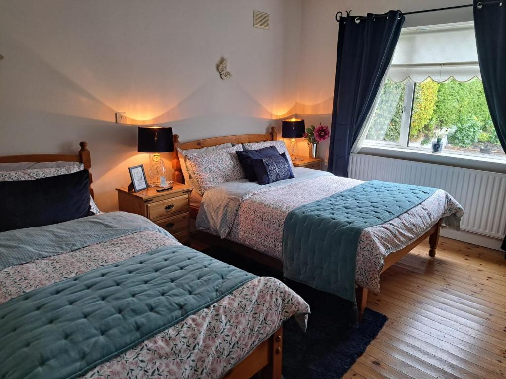 a bedroom with two beds and a window at Coreen Guest House in Tullamore