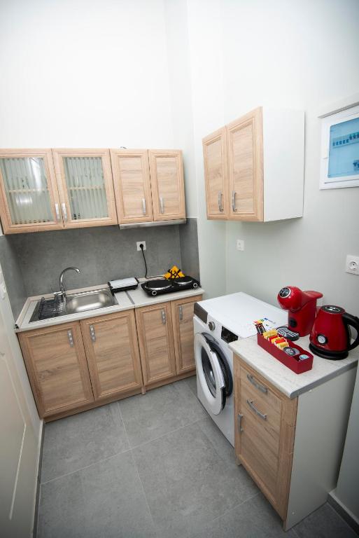 Kuchyň nebo kuchyňský kout v ubytování Lithos apartments