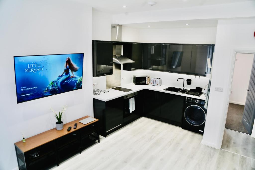 a kitchen with a sink and a tv on the wall at New Modern Apartment With FREE Private Parking in Plymouth