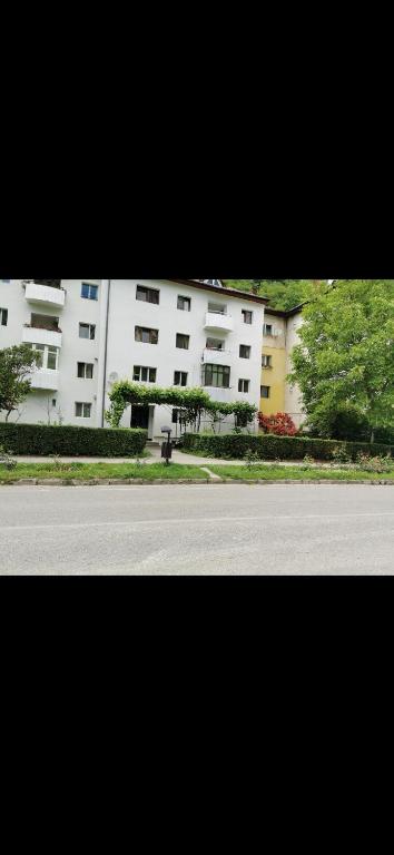 an empty street in front of a white building at La Bloc in Băile Herculane