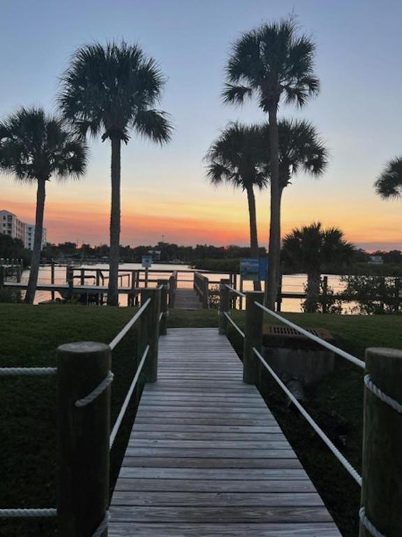 a wooden boardwalk with palm trees on the beach at Dolphin Cove Cottage -22 & Pet Friendly! in New Smyrna Beach