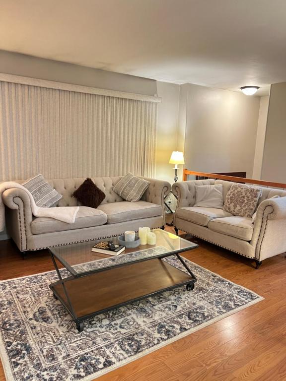 ein Wohnzimmer mit 2 Sofas und einem Couchtisch in der Unterkunft Luxe 3BR, 2BA + Hot Tub in Elmhurst