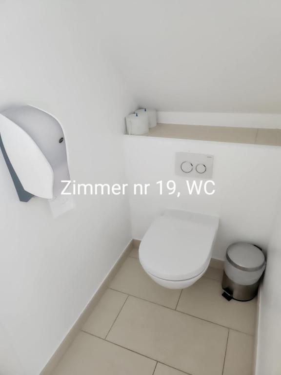 a bathroom with a white toilet in a room at Storchencamp Gästehaus Purbach in Purbach am Neusiedlersee