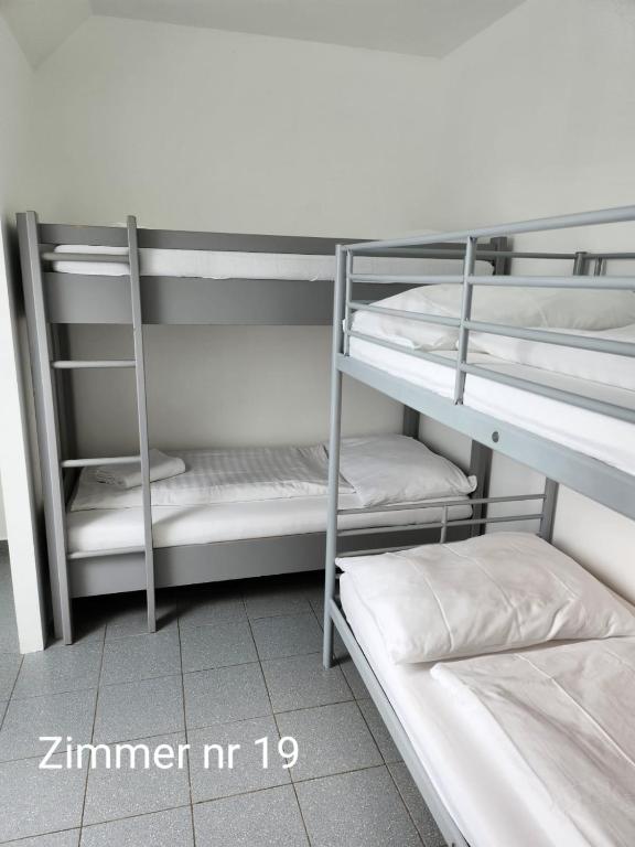 two bunk beds in a dorm room with a mattress at Storchencamp Gästehaus Purbach in Purbach am Neusiedlersee