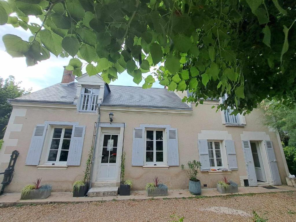 ein Haus mit weißen Fenstern und Pflanzen davor in der Unterkunft gite Chezelle in Saint-Georges-sur-Cher