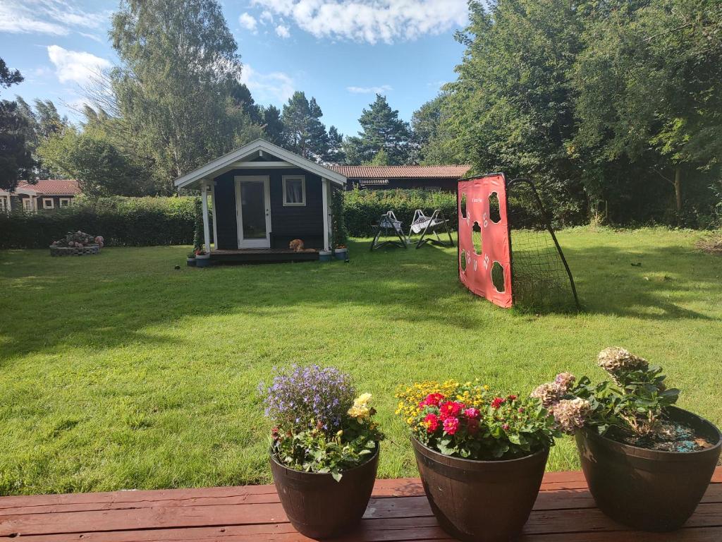 a garden with two flower pots and a small shed at Holiday house, one hour away from Copenhagen, pets allowed, 4 rooms in Jægerspris