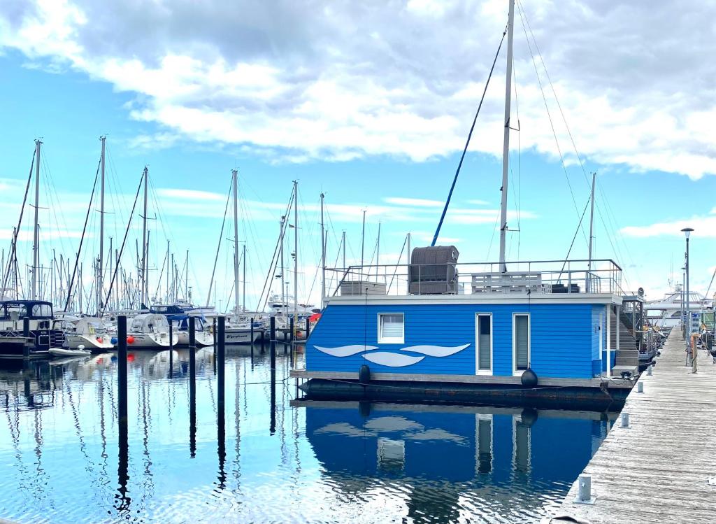 a blue boat is docked at a dock at Hausboot Yara am Steg 1D in Heiligenhafen