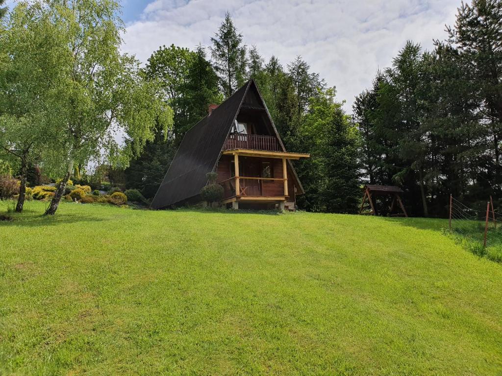 una pequeña casa con un techo negro en un campo de césped en Pod Mareszką en Krempna