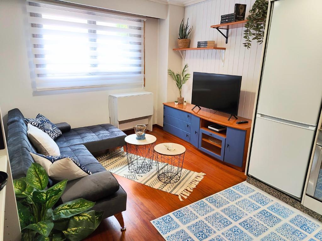 ein Wohnzimmer mit einem Sofa und einem TV in der Unterkunft Fogar Florida in Vigo