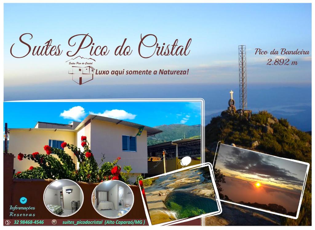 un collage de una foto de una casa y un cartel en Suites Pico do Cristal, en Caparaó Velho