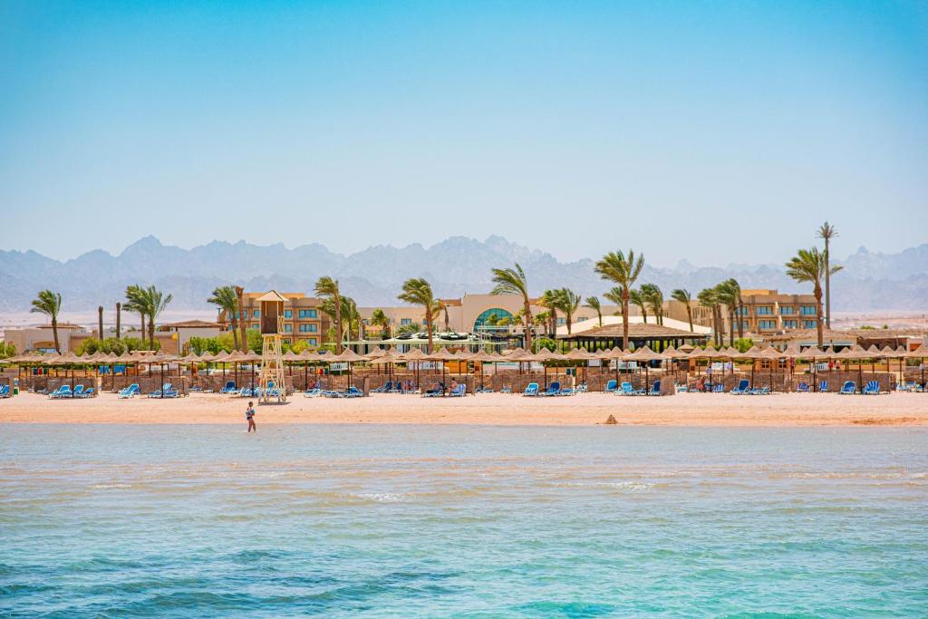 - une plage avec un complexe et une personne dans l'eau dans l'établissement Movenpick Waterpark Resort & Spa Soma Bay, à Hurghada